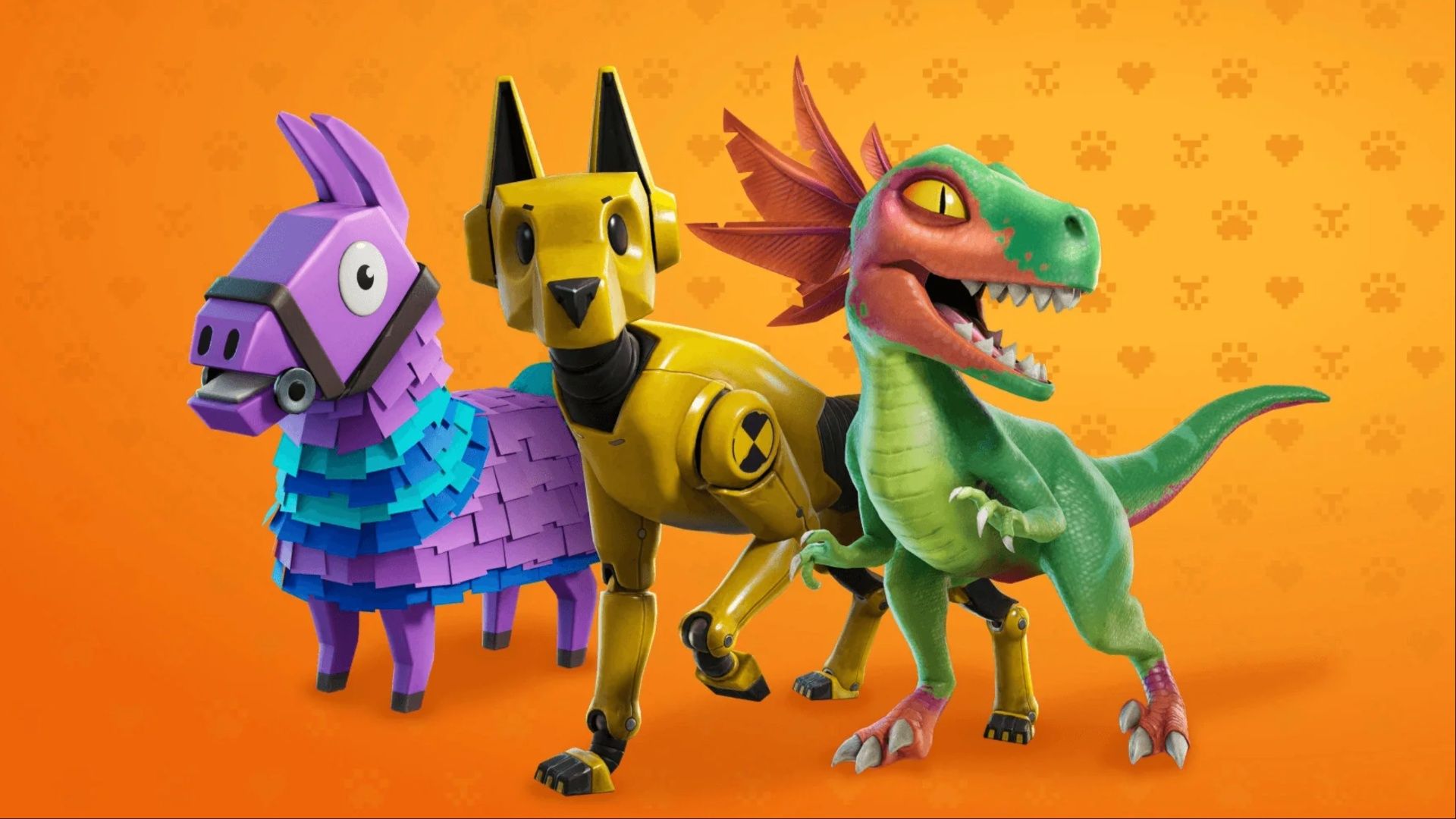 Llama, dog robot, and dinosaur sidekicks standing next to each other