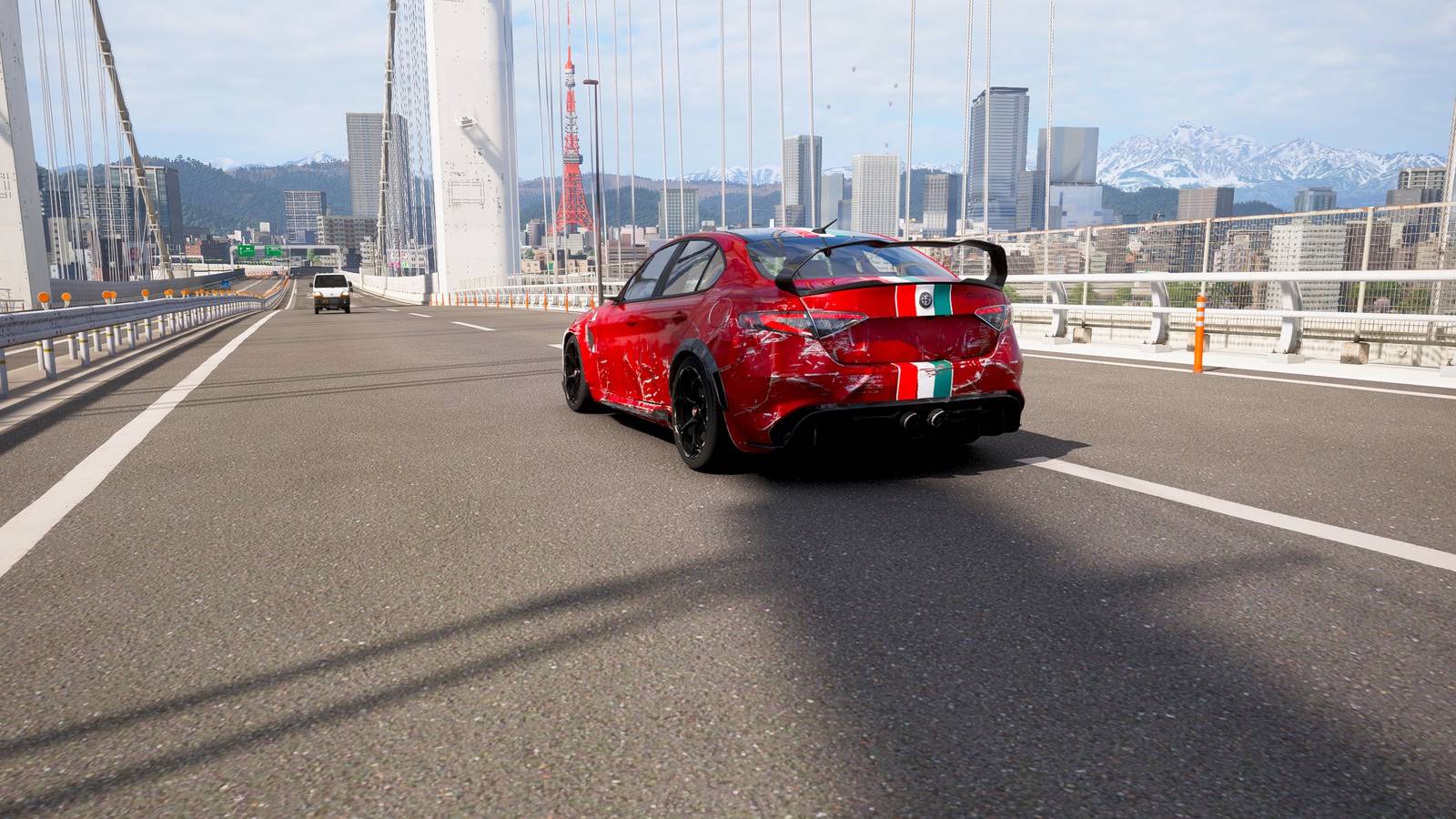 A beat-up Alfa Romeo on Rainbow Run bridge in Forza Horizon 6