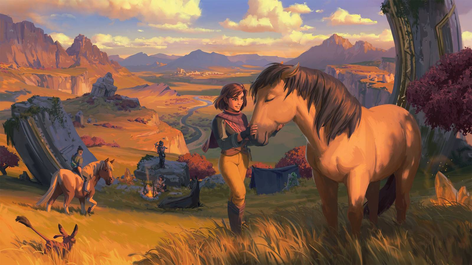 A character in Palia snuggling with a horse