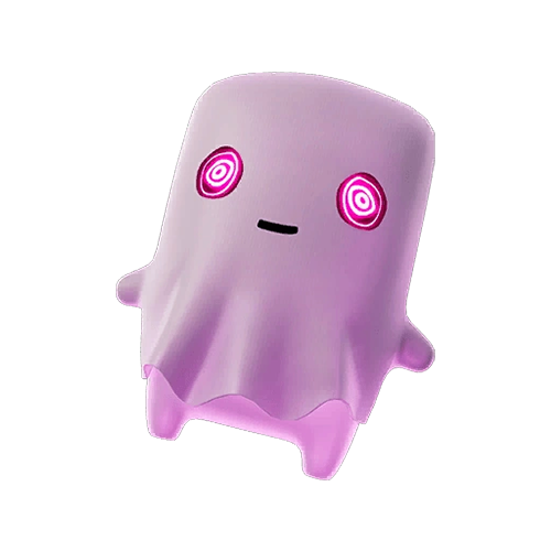 A Ghost Sprite, a pink creature wearing a blanket over its head, from Fortnite.