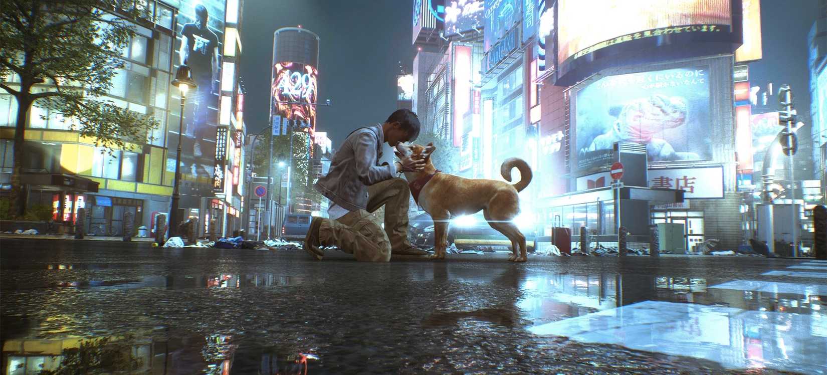 A man pets a dog on the rainy nighttime streets of Tokyo in a screenshot from Ghostwire: Tokyo