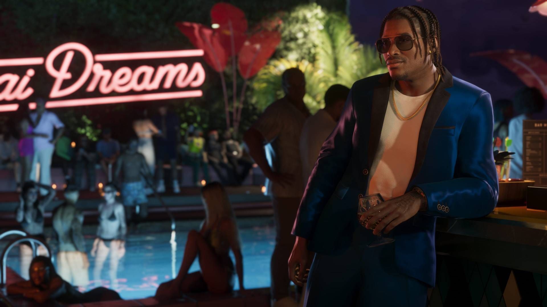 Dre'Quan Priest in Grand Theft Auto 6 leaning against the bar at a pool party.