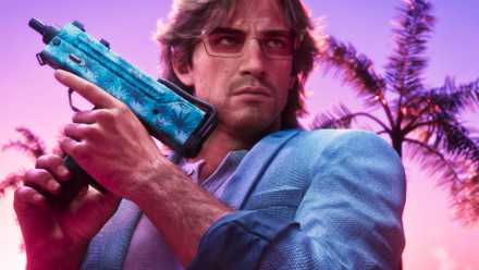 Jason Duval in GTA 6 wearing a vintage Vice City outfit and holding a machine pistol.