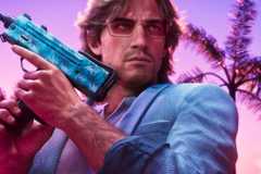 Jason Duval in GTA 6 wearing a vintage Vice City outfit and holding a machine pistol.