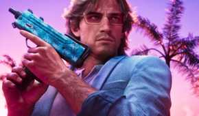 Jason Duval in GTA 6 wearing a vintage Vice City outfit and holding a machine pistol.