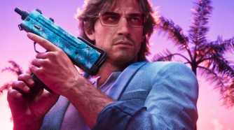 Jason Duval in GTA 6 wearing a vintage Vice City outfit and holding a machine pistol.