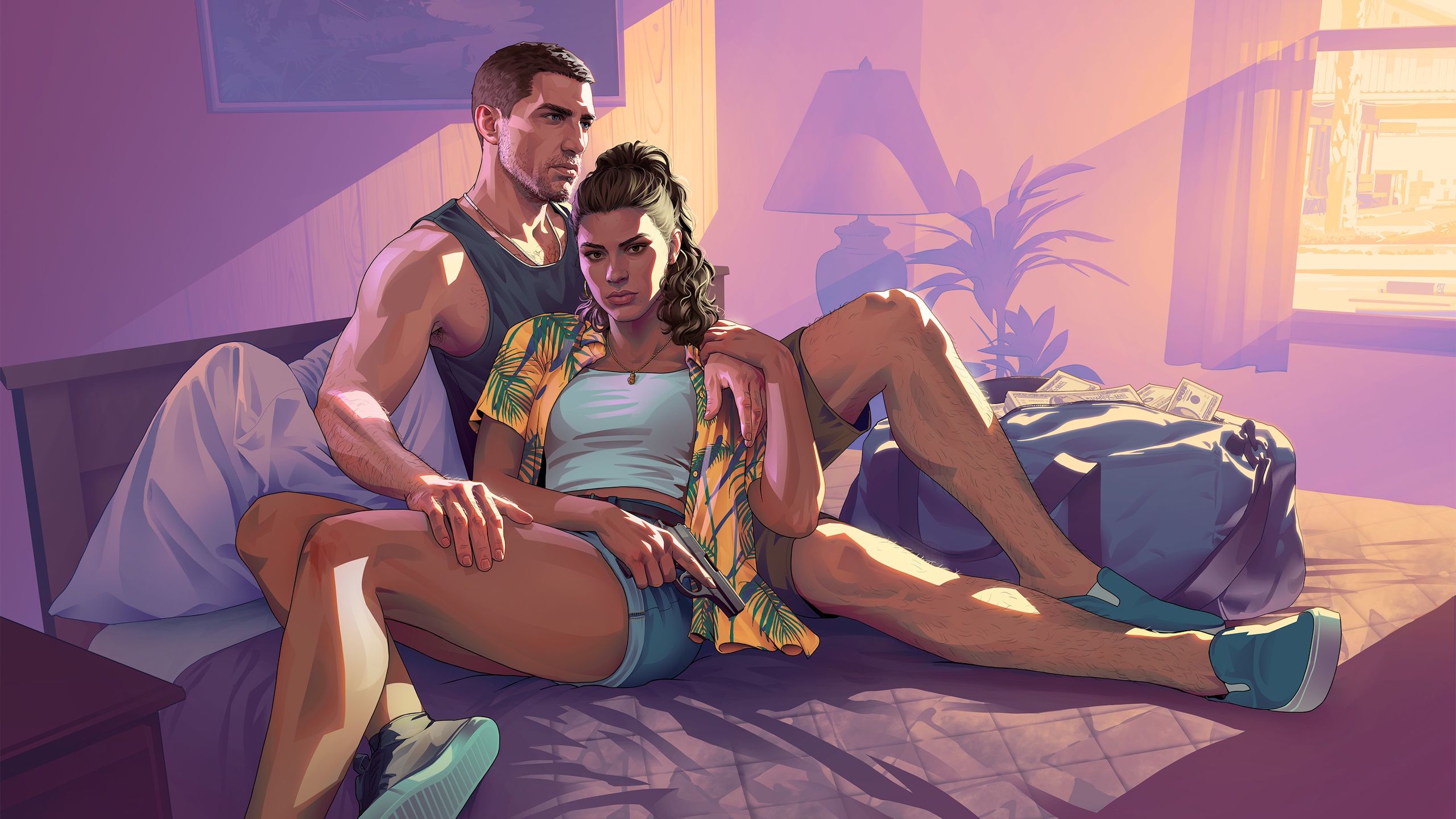 GTA 6 characters laying on a bed