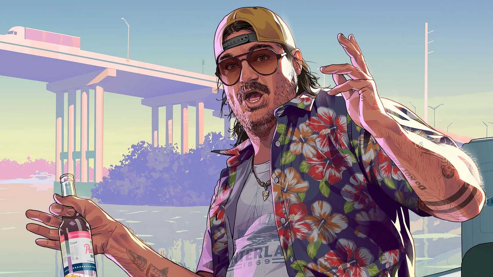 A character from GTA 6 sitting on a boat, holding his hands out in surprise with a beer bottle in his right hand