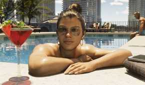 Lucia Caminos in GTA 6 resting by the side of a swimming pool with a cocktail.
