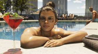 Lucia Caminos in GTA 6 resting by the side of a swimming pool with a cocktail.