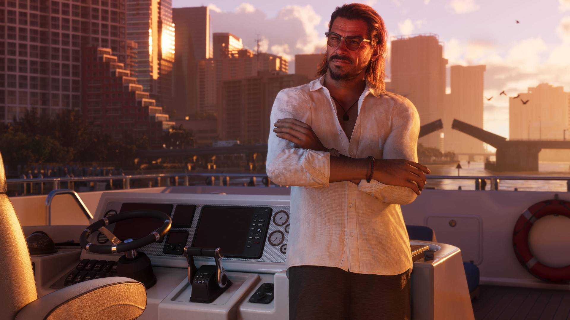 Raul Bautista in Grand Theft Auto 6 standing on a speedboat with Vice City in the background.