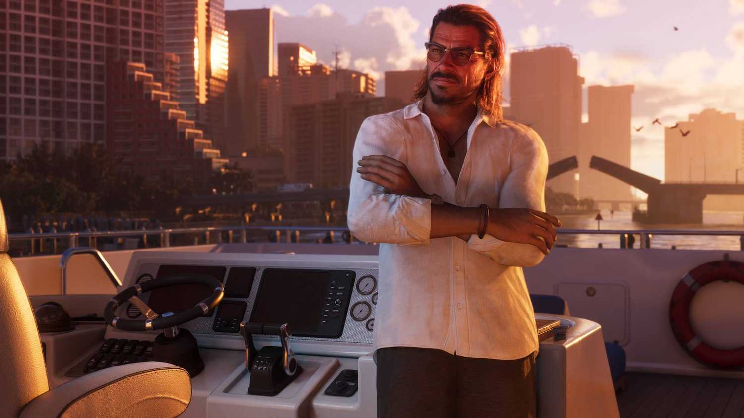 Raul Bautista in Grand Theft Auto 6 standing on a speedboat with Vice City in the background.