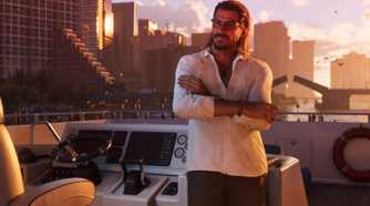 Raul Bautista in Grand Theft Auto 6 standing on a speedboat with Vice City in the background.