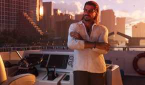 Raul Bautista in Grand Theft Auto 6 standing on a speedboat with Vice City in the background.