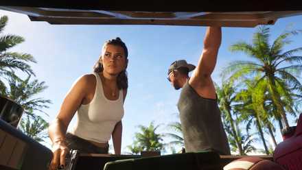 Jason and Lucia pulls guns from the trunk of a car in a screenshot from Grand Theft Auto 6
