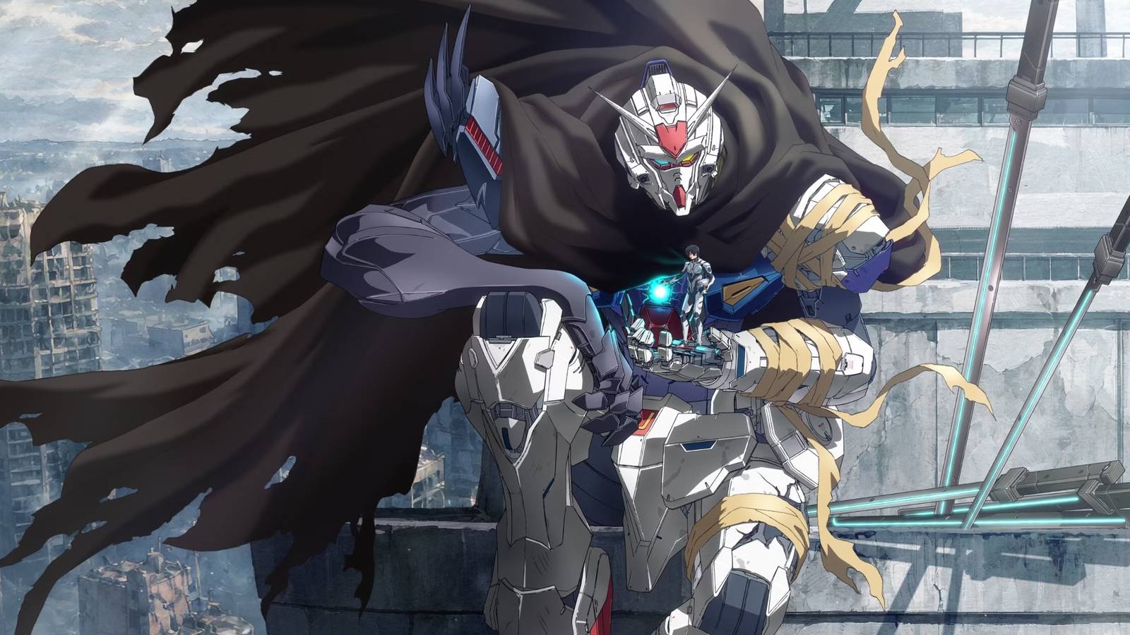 A Gundam in a tattered cape perched on a building.