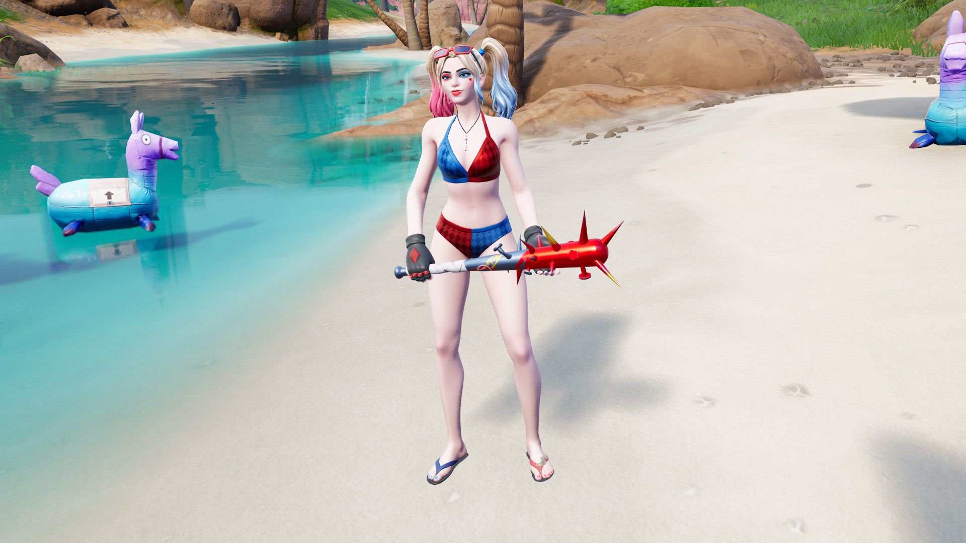 Harley Quinn in a bathing suit holding a bat with nails in Fortnite.