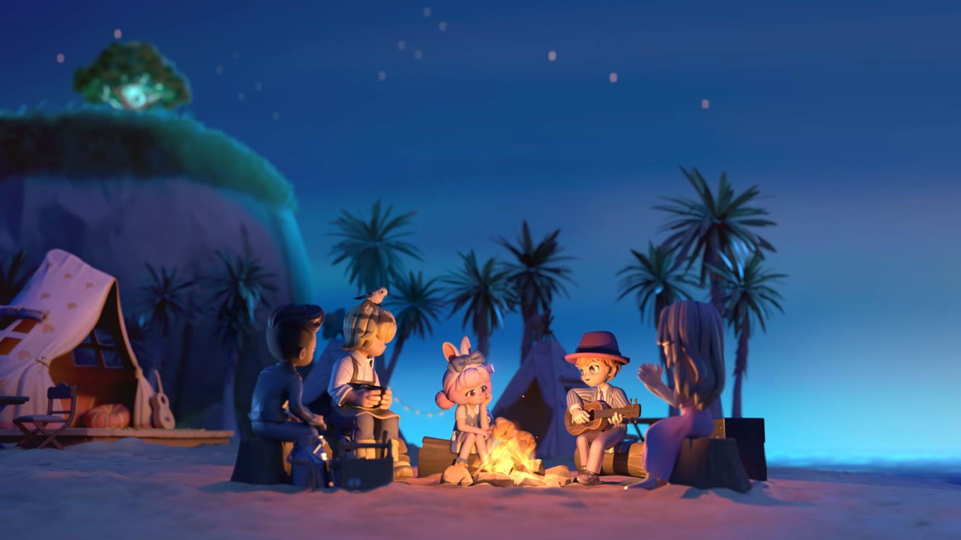 A Heartopie official image showing some characters around a firepit