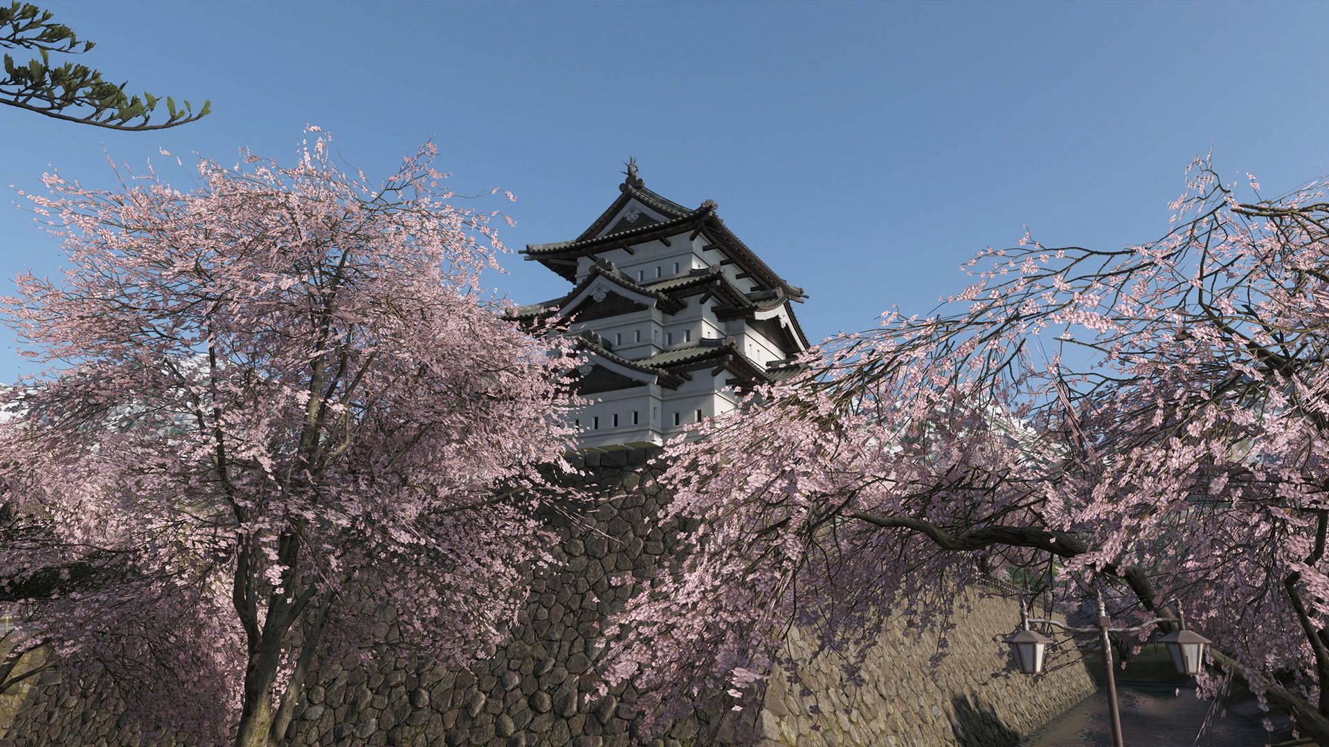 A white Japanese castle in front of two sakura trees in Forza Horizon 6.