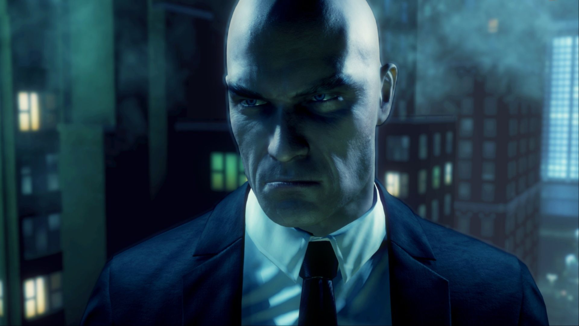 close up of agent 47 in dark city