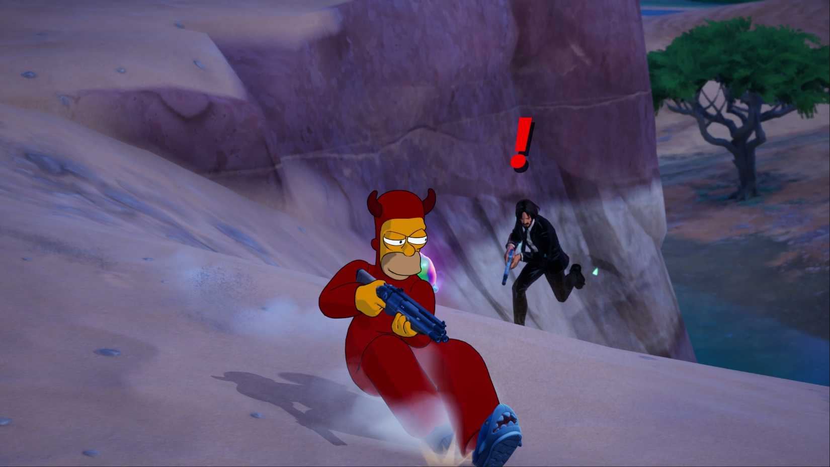 homer holding a shotgun while john wick protects him
