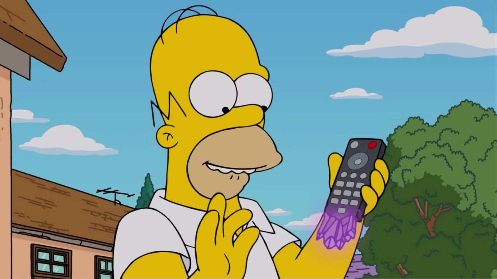 Homer Simpson holding up Zero Point remote controller in Fortnite