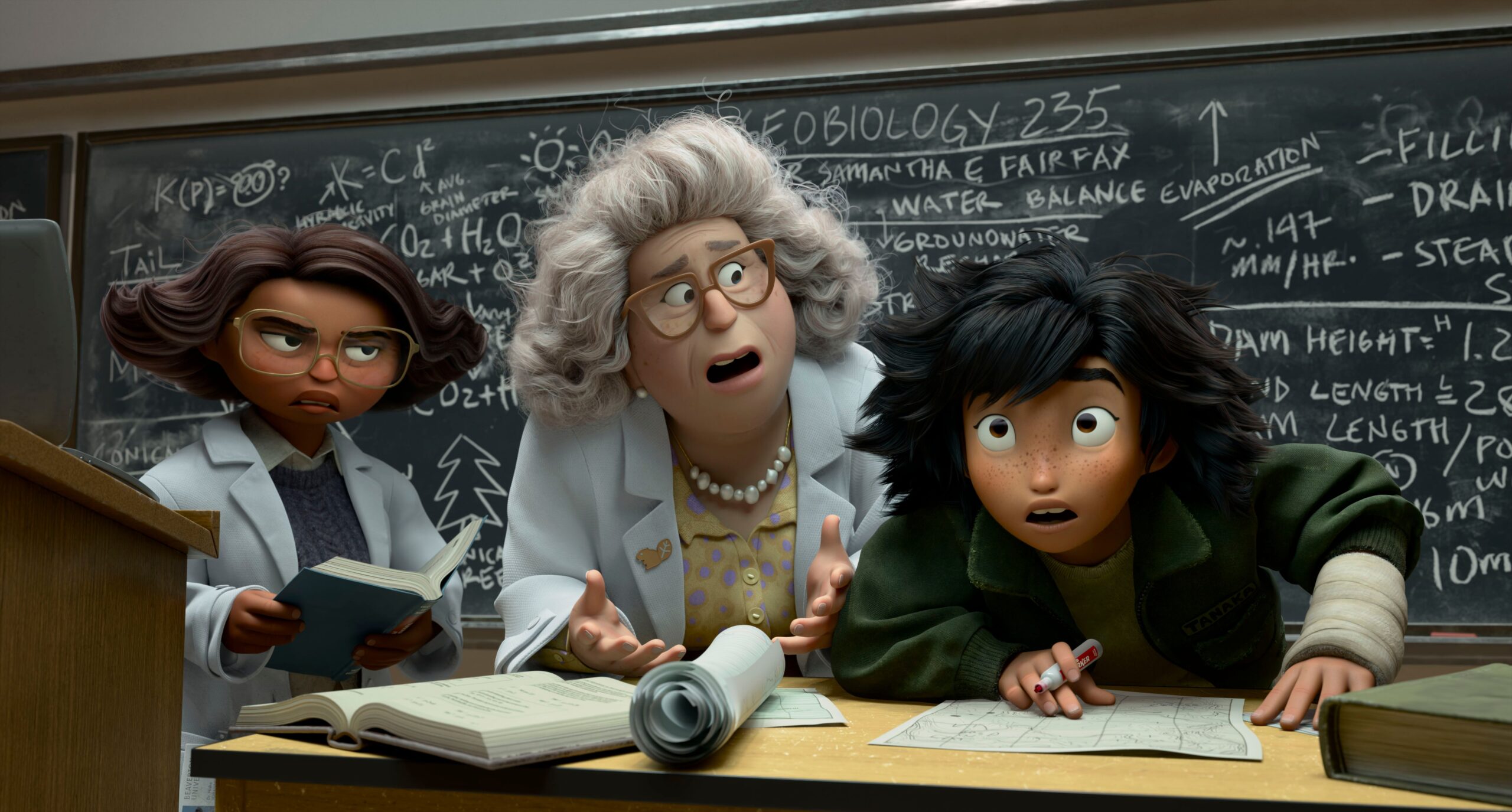Mabel, a messy-haired, wide-eyed teenager, stands at a desk covered with papers as two lab-coated researchers, Nisha and Dr. Sam stand beside her in Pixar's Hoppers