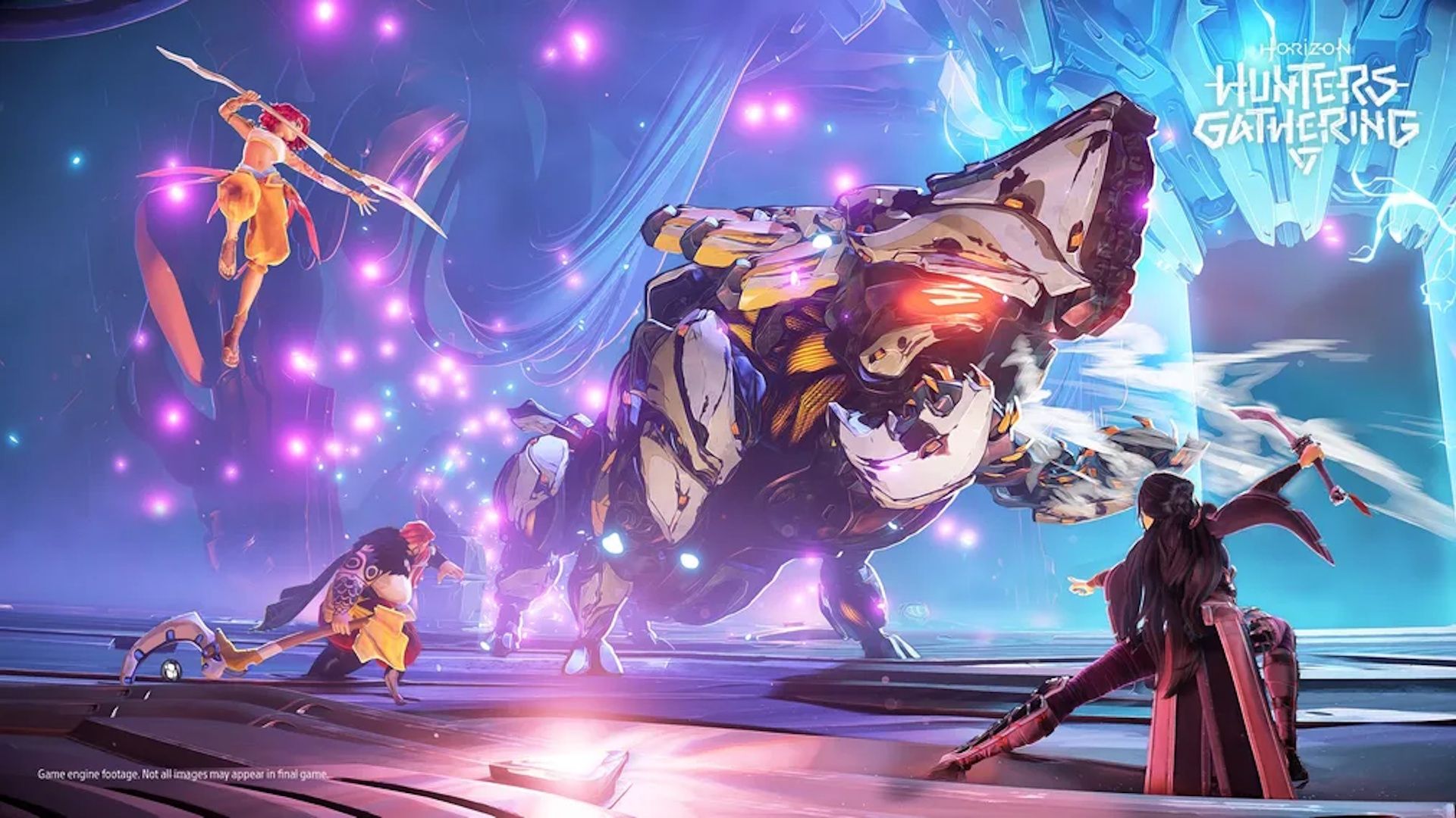 A trio of hunters fighting a machine in Horizon Hunters Gathering