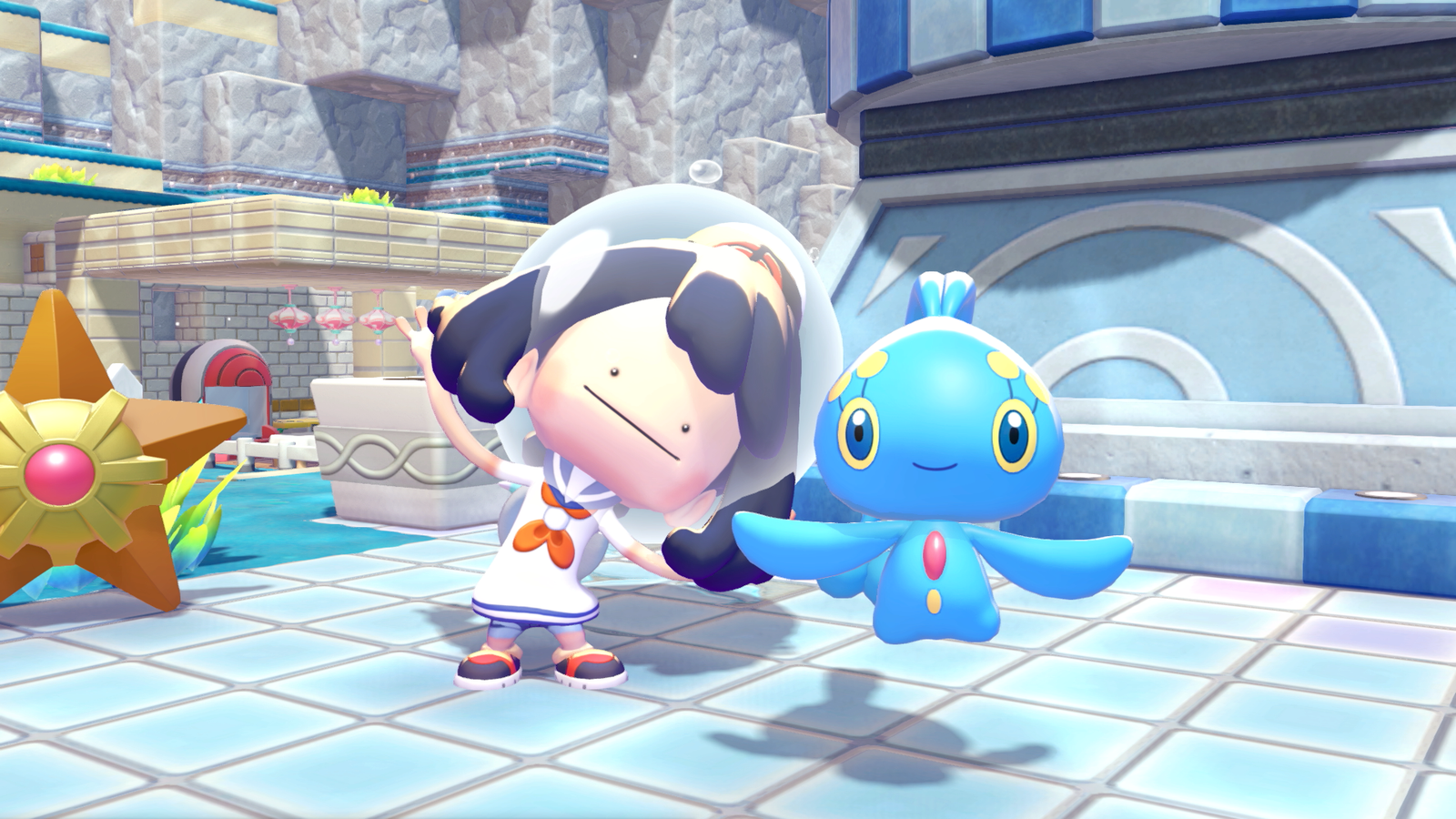 A disguised ditto poses next to a Manaphy in Pokopia.