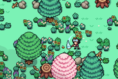 A player swinging a net at a bee in Field of Mistria.