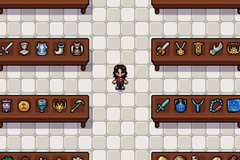 A character standing in a room with a bunch of tables and items in Fields of Mistria.