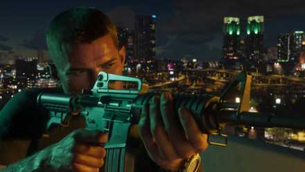 Jason aims a gun in GTA 6 with Miami skyline in the background