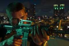Jason aims a gun in GTA 6 with Miami skyline in the background