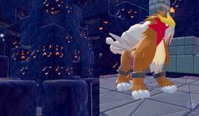 Entei, as he appears in a lava-rock surrounded room, in Pokopia