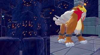 Entei, as he appears in a lava-rock surrounded room, in Pokopia