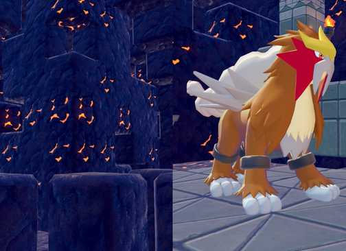 Entei, as he appears in a lava-rock surrounded room, in Pokopia
