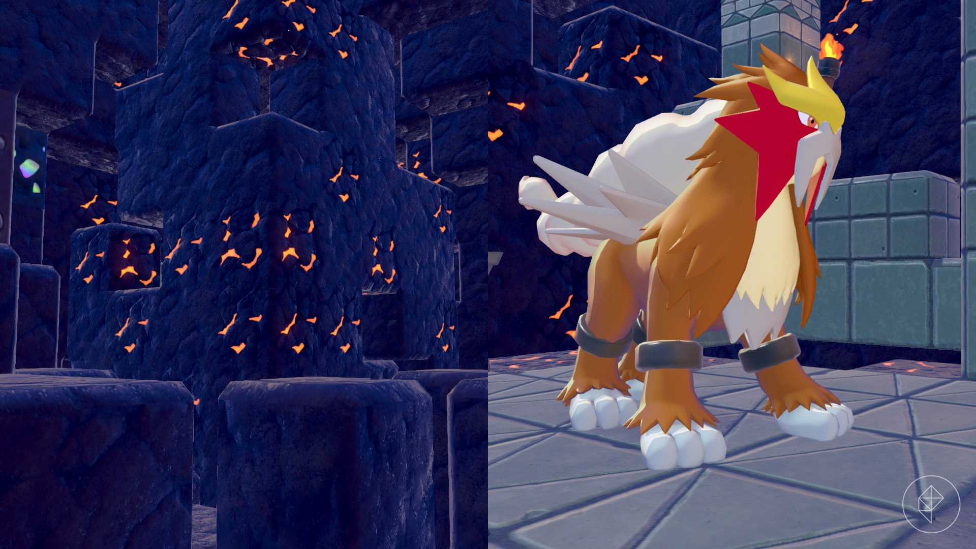 Entei, as he appears in a lava-rock surrounded room, in Pokopia