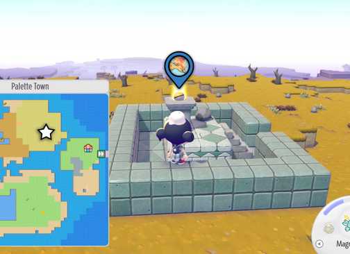An arrow points to a golden Poké Ball on a pedestal with Moltres inside.