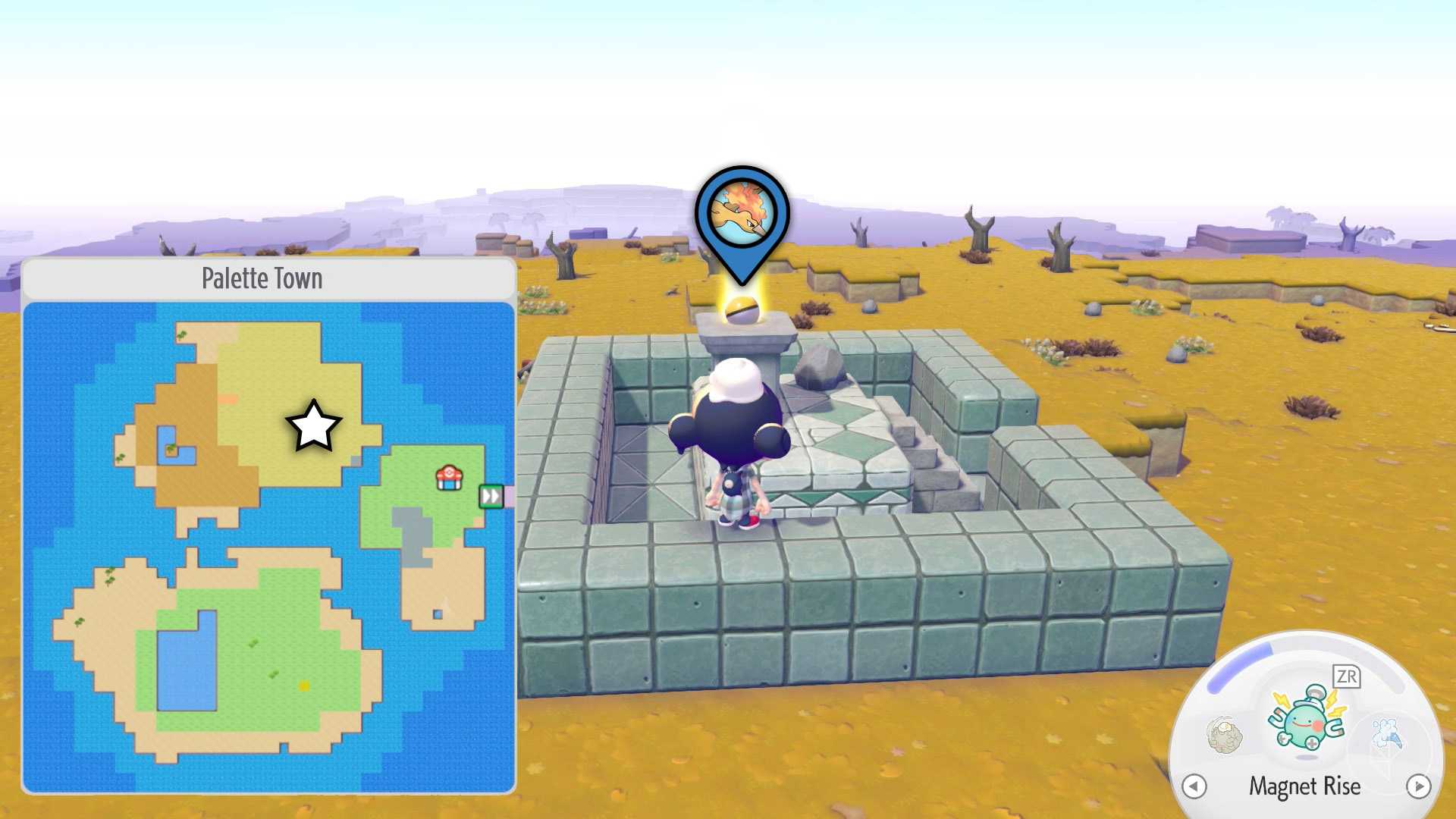 An arrow points to a golden Poké Ball on a pedestal with Moltres inside.