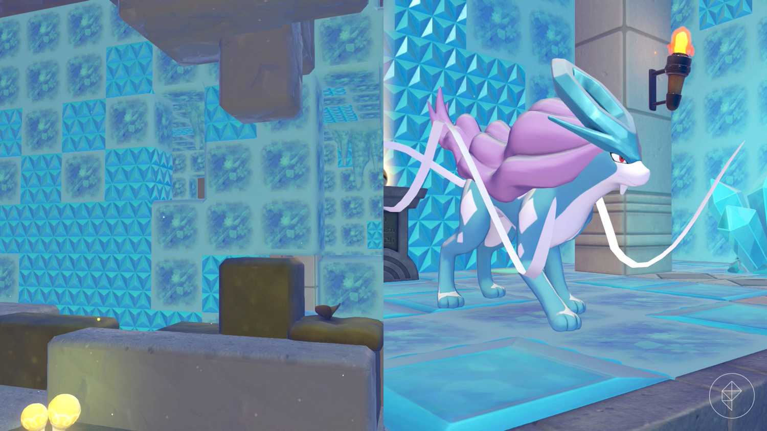Suicune, as seen in a room made of ice, in Pokopia.