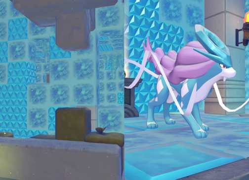 Suicune, as seen in a room made of ice, in Pokopia.