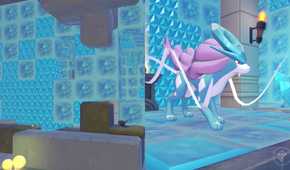 Suicune, as seen in a room made of ice, in Pokopia.