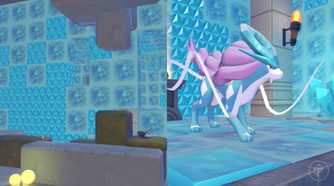 Suicune, as seen in a room made of ice, in Pokopia.