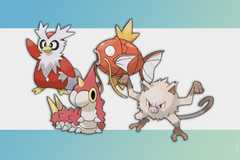 Delibird, Wurmple, Magikarp, and Mankey on a gradient background