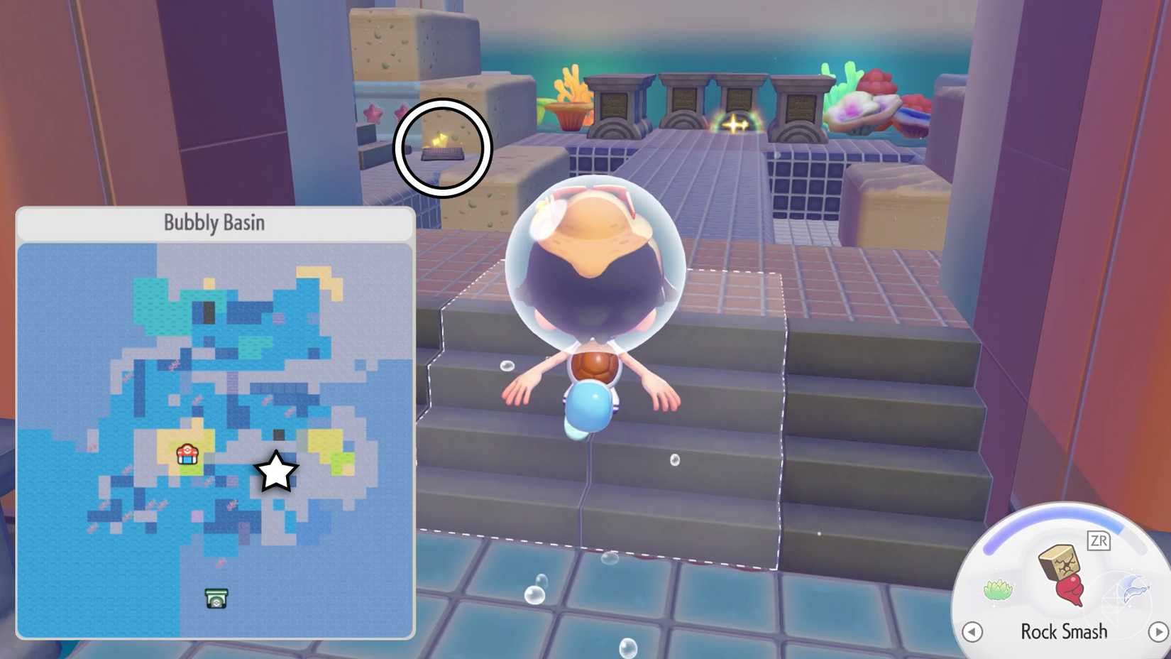 Ditto enters an empty gym with two glowing objects on the ground