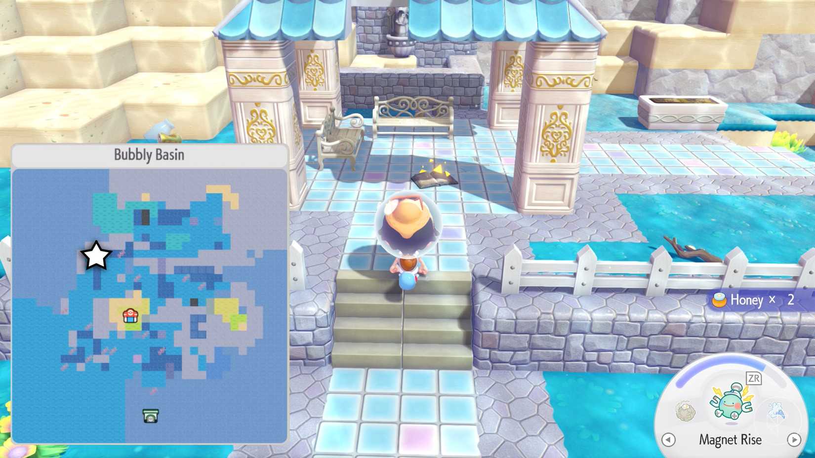 Ditto approaches a glowing book under a gazebo in Pokopia