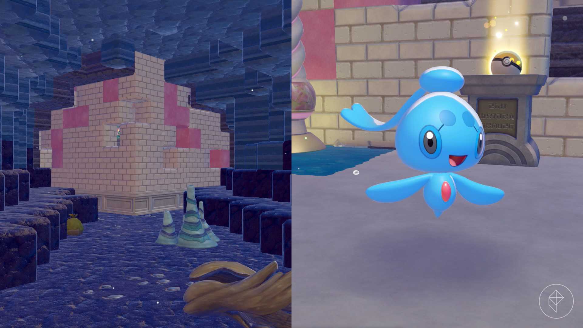 A brick-made building underwater with Phione inside in Pokopia