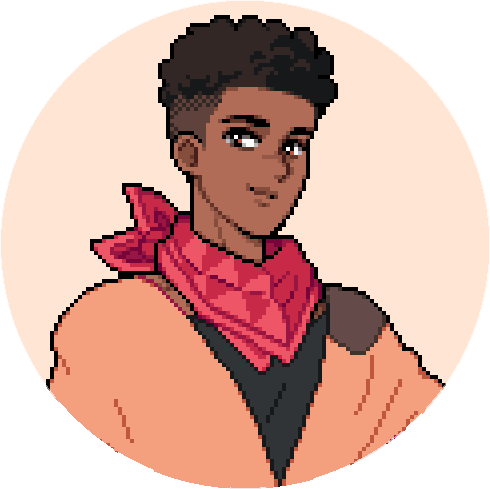 Rhys, a man with short curly hair and a red bandana around his neck in Fields of Mistria