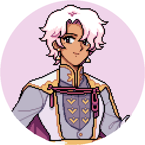 Eiland, a pink-haired man in purple, gold, and white clothes in Fields of Mistria