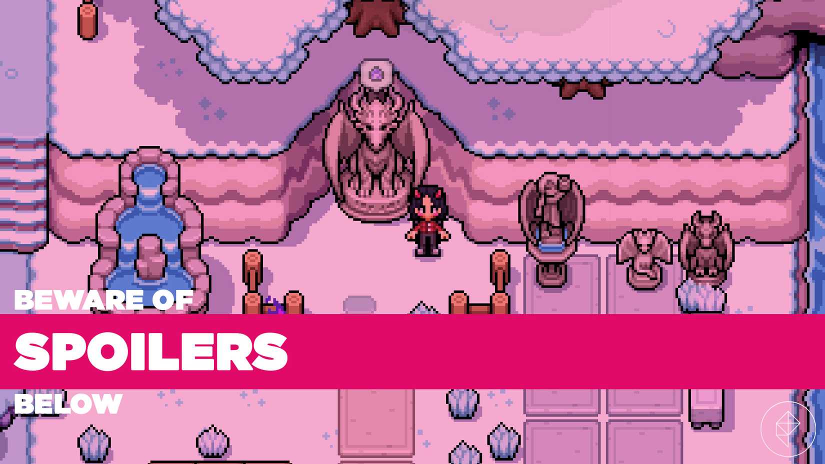 A spoiler warning image showing a farmer in front of a dragon statue in Fields of Mistria